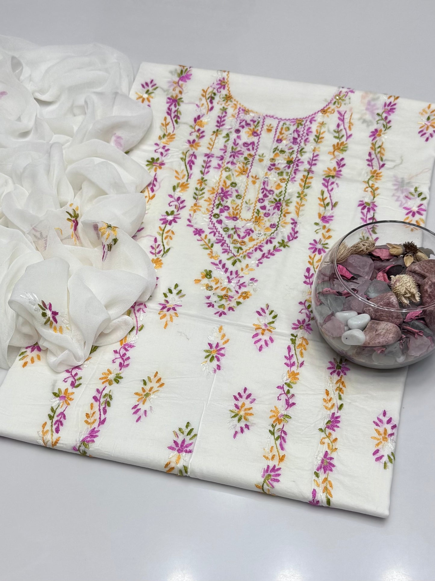 Handmade Multi Pakka Tanka With Mirror Work On Pure Gtm Lawn 3pc Suits