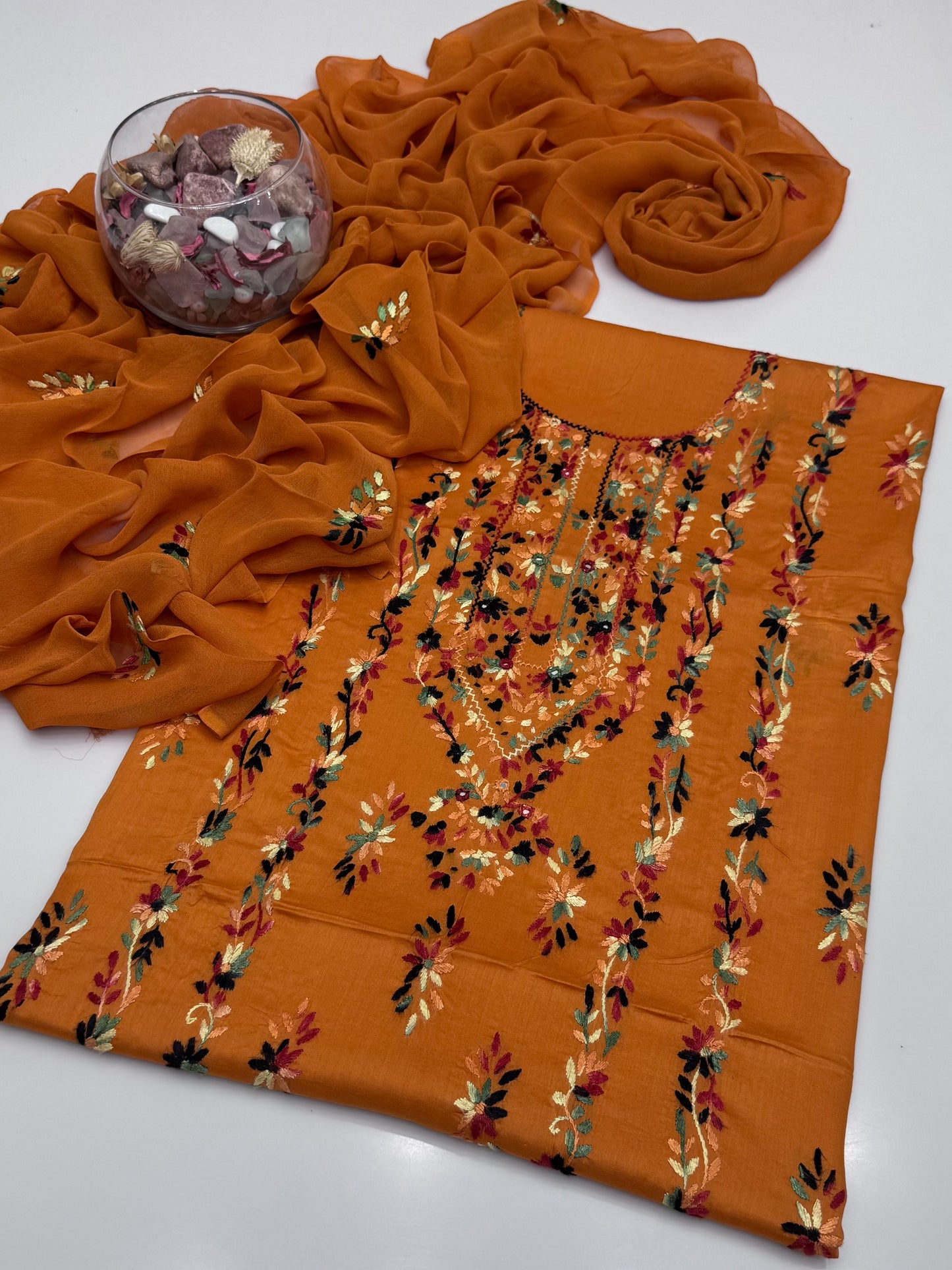 Handmade Multi Pakka Tanka With Mirror Work On Pure Gtm Lawn 3pc Suits