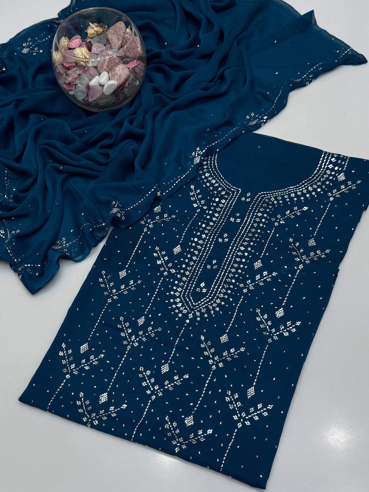 Handmade Button Barfi Mukesh Work On Soft Krinkle Shifoon 2pc Suit…