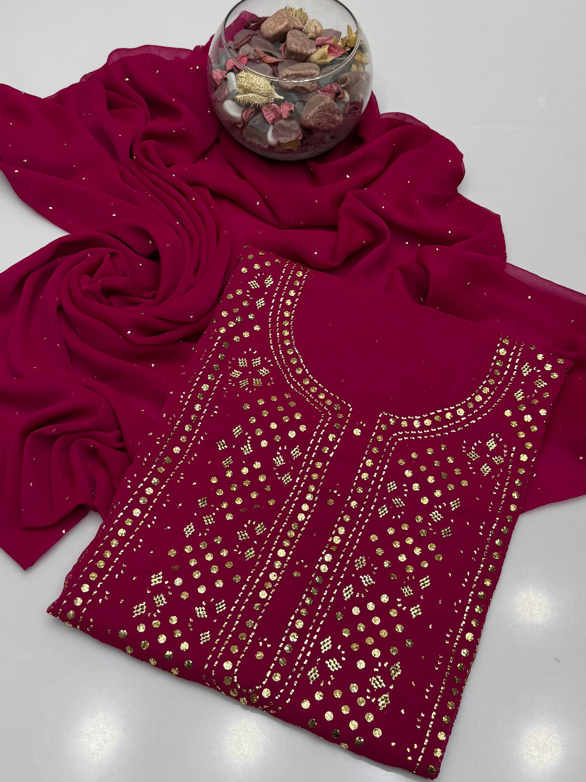 Handmade Golden Mukesh Work On Soft Krinkle Shifoon 2pc Dress 👗