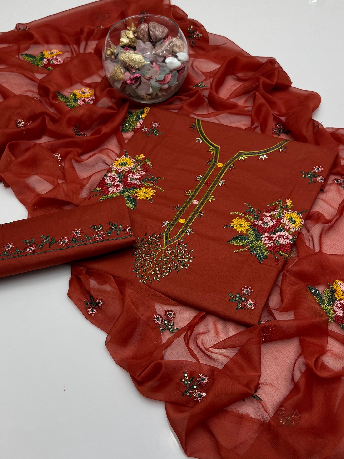 Computer Crosstich Sequence Embroidery On Pure Lawn 3pc Dress 👗