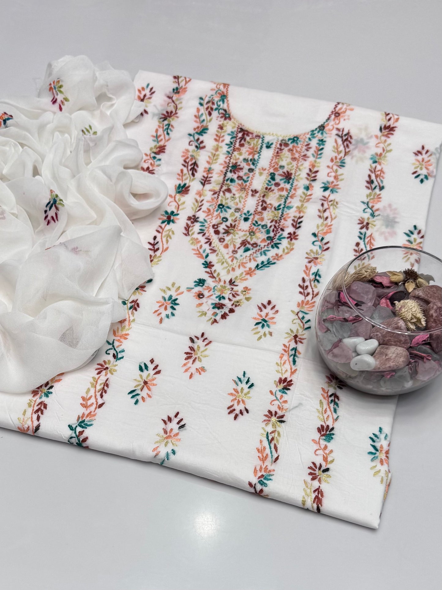 Handmade Multi Pakka Tanka With Mirror Work On Pure Gtm Lawn 3pc Suits